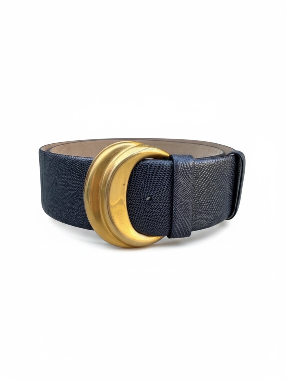 Donna Karan Black Wide Textured Leather Belt with Gold Ring Buckle